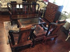 high end rose wood 5pc living room set.                              thickness 3~4". very thick and heavy.                                        for your reference, in China/ Hong Kong this top quality aromatic wood is sold by weight.                                                 