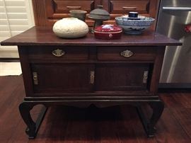 Antique solid wood low commode.                                                                                                                                                                                                                                                  
Antique, 2pc potteries of Korean Shilla Dynasty (BC57~AD935)