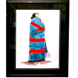 Signed R.C. Gorman Serigraph "Carol's Blanket": A signed serigraph print titled Carol’s Blanket by Navajo artist Rudolph Carl Gorman (1932 – 2005). Gorman’s work is highly recognized both nationally as well as internationally. A figure of a Navajo woman is depicted to the center with her head raised. She is wrapped in a blue and red striped blanket with long black fringe. The piece is signed R.C. Gorman in pencil to the lower left and reads E.P.I. to the lower right. The piece is float mounted, presented under glass in a wide black mat and black lacquered wooden frame; hanging hardware present to the verso.