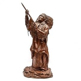 Sid Burns 1977 Bronze Sculpture "As Dust Before Him": A 1977 bronze sculpture titled As Dust Before Him by Sid Burns (1916 – 1979). Known for his American Indian and Western-related subject matter, the work depicts a Medicine Man holding up a ceremonial pipe in humility to the Great Spirit. The piece is dated 1977, numbered 9 of 24, signed Sid Burns and titled As Dust Before Him to the top of its base. “JHM Classic Bronze” is inscribed to the lower rim of the work. Informational sheet is included.