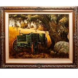 Austin Deuel Oil on Canvas of Wagon in a Field: A large original oil painting on canvas by Austin Deuel, (born 1939). Deuel resides in Arizona and is known for his Western-themed landscapes and portraits in various two-dimensional and three-dimensional mediums. The work depicts a rustic wooden wagon sitting in the shade of a large tree among a field of tall golden grass. The piece is signed Austin Deuel with a longhorn steer motif below his signature. The work is presented in an ornately carved wooden frame with a linen border and gold-tone finish. Hanging hardware is present to the verso.