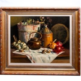 Tom Browning Oil on Canvas "Collected Relics": An original oil on canvas by Tom Browning (born 1949) titled Collected Relics. Browning resides in Oregon and attended school at the University of Oregon. His paintings feature Western-related subject matter including figurative work, wild life and landscapes. This piece depicts a still life of farmhouse items including a large wooden bucket, copper tea kettle, stoneware jug, knobs of garlic, red and yellow onions, basket, flowers and mushrooms. The work is signed Tom Browning and dated ’92 to the lower right corner. The piece is also titled Collected Relics signed and dated to its verso. The painting is displayed in a lightly carved wooden frame with a gold-tone beaded border; hanging hardware is present to the verso.