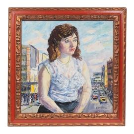 1966 Emerson Burkhart Oil Portrait on Canvas: An oil portrait painting on canvas by listed American artist, Emerson Burkhart (1907 – 1969). This original piece depicts a seated young woman with brunette waves and a white blouse to the foreground and a busy city street in the distance. It is signed “E. Burkart 66” to lower right. It is presented is a red and gilt wooden frame.