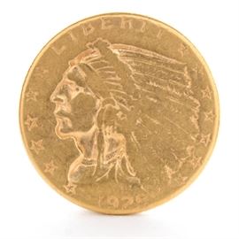 1925-D Indian Head Gold $2.50 Coin: A 1925-D Indian Head $2.50 gold coin. This coin was minted at Delaware with a mintage of 578,000. It was designed by Bela Lyon Pratt. It has a metal composition of 90% gold and 10% copper, a diameter of 18 mm, and a weight of 4.18 grams.