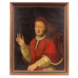 Louis-Jean-François Lagrenée "Pope Pius VI" Original Painting on Canvas: A late 1700s original oil painting on canvas titled Pope Pius VI by the accomplished French Neoclassical painter and teacher, Louis-Jean-François Lagrenée (1725 – 1805). Pope Pius VI, born Giovanni Angelo Braschi in 1717, reigned during the Enlightenment and the French Revolution. In 1798, the French, after taking control of Rome, declared it the Roman Republic. When Pius refused to submit to the French conquerors, Emperor Napoleon had him taken prisoner and forcibly removed to France. The then elderly pope only survived as far as Valence and died six weeks later. He was buried without n an unadorned grave in the south of Valence on January 30, 1800. Sometime before his death, this portrait was painted by Louis-Jean-François Lagrenée, the French Rococo painter and student of Carle van Loo. This antique portrait on canvas is presented in a gilt accented wooden frame with hanging wire to verso.