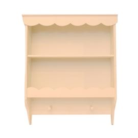 White Wooden Wall Shelf: A white wooden wall shelf. This piece is white in color and has hanging hardware to the verso. The top has trim with a scalloped bottom edge, above two full-width shelves between side panels, with a back panel. The lower shelf has trim with a scalloped top edge. The side panels notch inward below the lower shelf, with two round knobs fixed to the back panel.