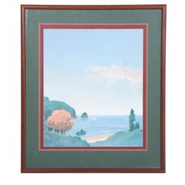 Offset Lithograph after Max Hayslette's "Island Afternoon I": An offset lithograph on paper after an original painting by contemporary American painter Max Hayslette (West Virginia, born 1929), titled Island Afternoon I. The painting depicts a stunning coastal landscape painted in charming pastel tones. The print is signed in-plate to the lower right. It is triple-matted in complementary shades and is presented behind glass in a wooden frame with a hanging wire attached to the verso. Hayslette’s website can be found below under Additional Information.