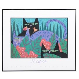Offset Lithograph After Nancy Coffelt's "Catoflauge": An offset lithograph on paper after an original illustration by contemporary American illustrator Nancy Coffelt, titled Catoflauge. The print was created as a promotional item for Gango Gallery in Portland, Oregon. The image is created in the artist’s signature whimsical style and depicts three stylized cats hiding in a busy garden scene. The artist’s signature, piece’s title, and name of the gallery are printed in-plate to the lower edge. The print is presented behind glass in a black metal frame with a hanging wire.