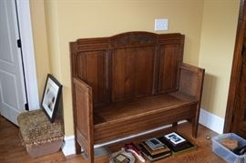 Antique Carved Oak Bench 4'6" W 49" T 16" D with under seat storage