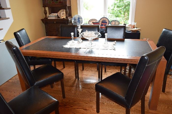 Wood and Slate Dining Table with 8 Leather chairs