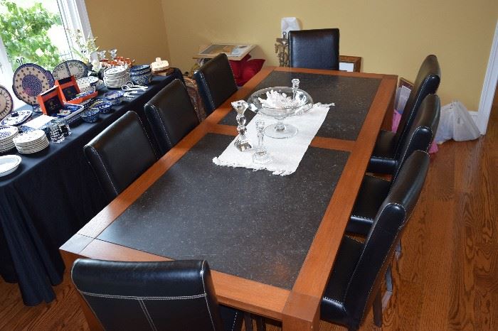 Wood and Slate Dining Table with 8 Leather Chairs