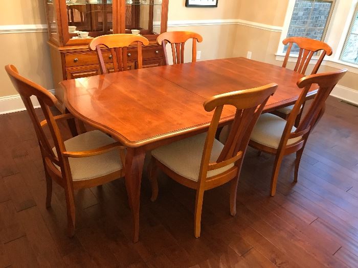 Stanley Light Wood Dining Room Table w/ Two Leaves & Pads, Two Light Wood Upholstered Seat Dining Arm Chairs and Four Light Wood Upholstered Seat Dining Side Chairs 