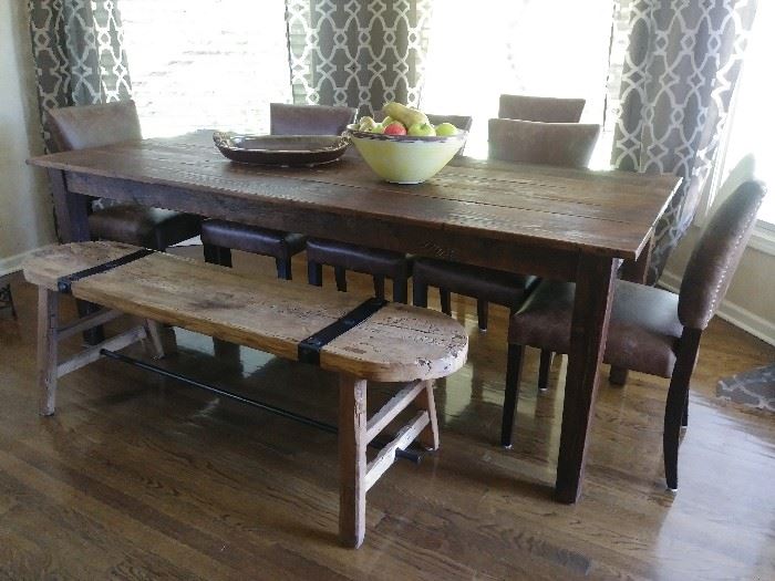 Beautiful farmhouse table, bench and armless chairs