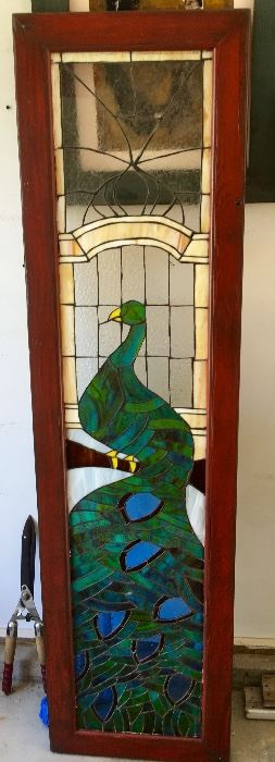 77" x 22" stained glass peacock 