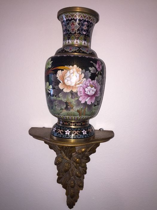 Pair of Vintage Cloisonné Vases on Wall Stands