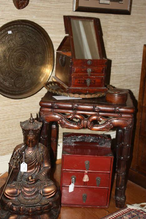 Bronze Meditation statue, Antique Asian grooming/vanity case