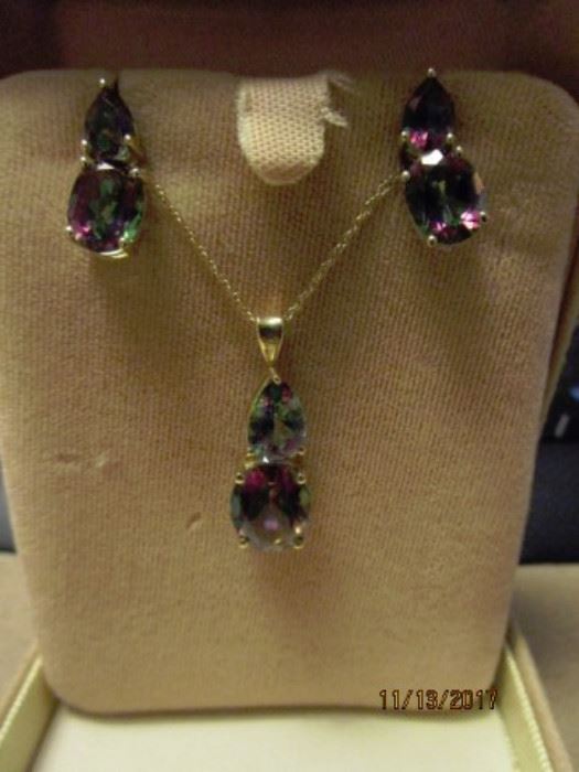 Mystic Topaz 10k.  Necklace and earrings.