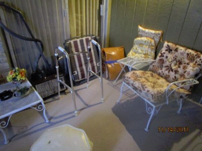 Wrought iron chair and occasional table