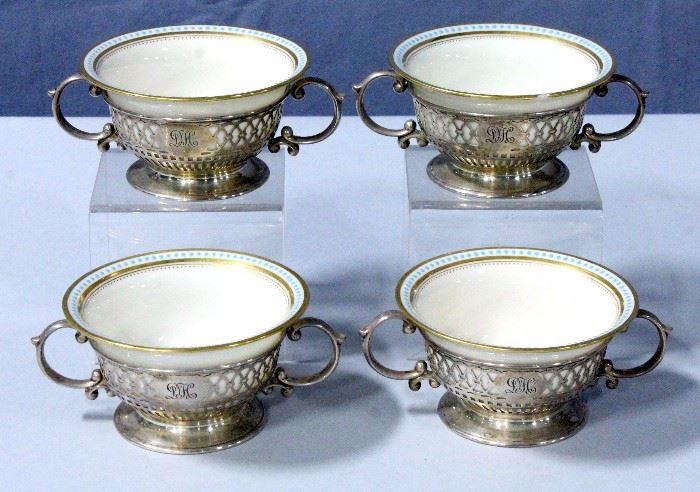 Tiffany & Co Sterling Silver Bouillon Cup Holders with Lenox / Tiffany & Co Liners, Qty 4, Monogrammed "DH", Approximately 5"W x 3.5"Dia