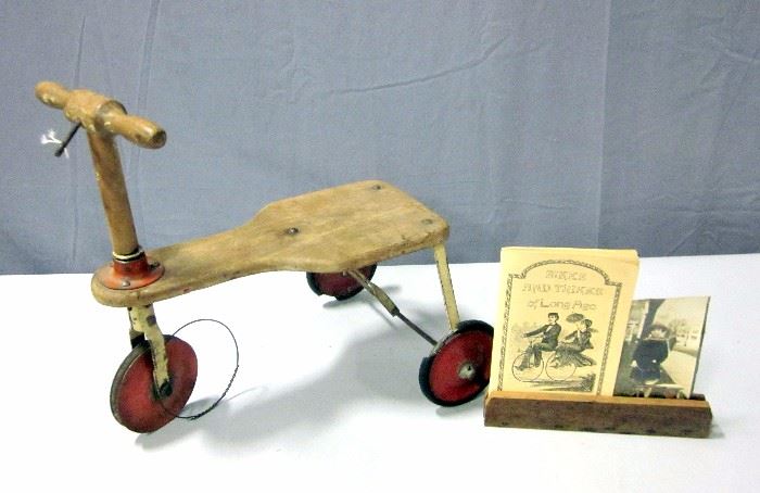 Early Wood Toy Scooter, 16"L x 12"W, "Bikes and Trikes of Long Ago" Booklet and Vintage Photo
