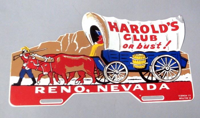 Vintage Harold's Club Casino License Plate Topper, Reno, Nevada, 14W" x 7"H