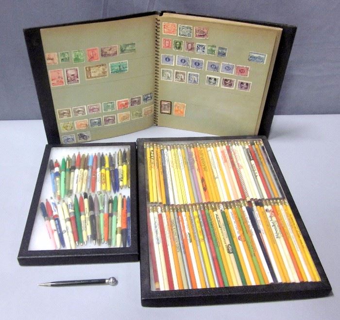 Vintage Advertising Pens and Pencils In Display Boxes, and Vintage Stamp Collection Including Germany, Czechoslovakia, Ecuador, Bolivia, and More
