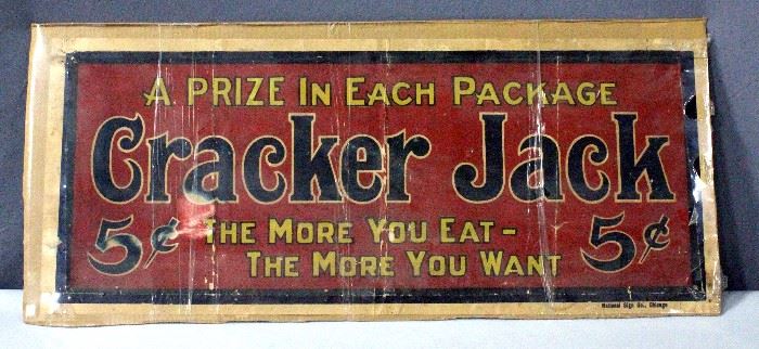 Original Vintage Cracker Jack Paper Sign, 5 Cent Prize in Each Package, "The More You Eat- The More you Want", National Sign Co Chicago, 37" x 16"