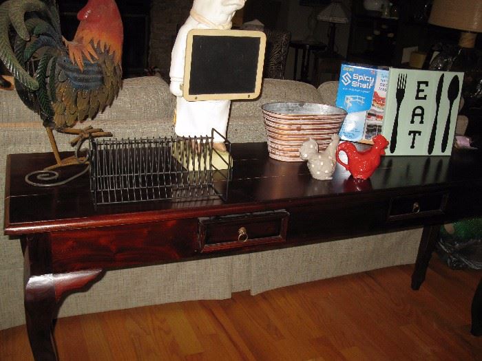 console table with merchandise