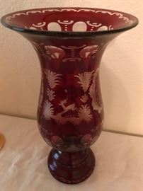 Bohemian Cut to Clear Ruby Glass Vase- Stunning