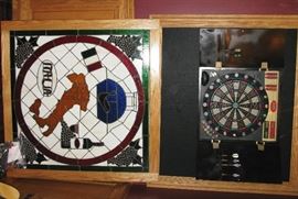 electronic dart board and stained glass 