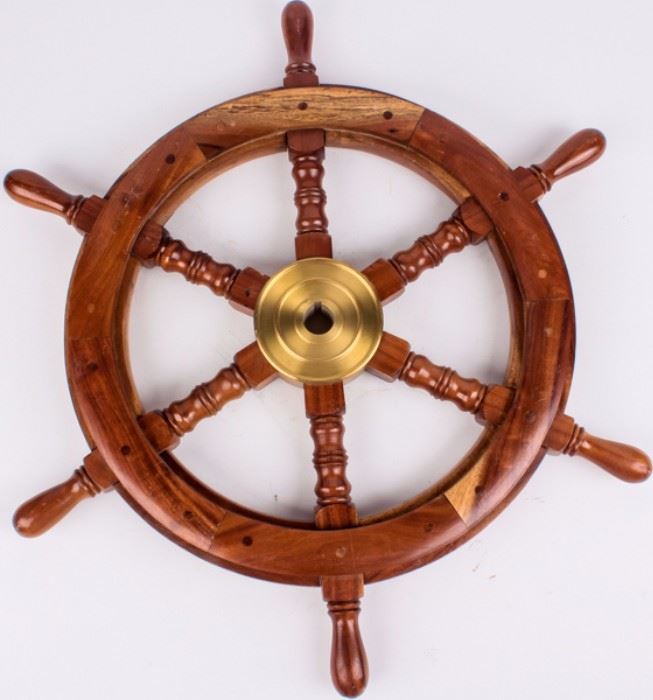 Lot 286 - Vintage Ships Wood Brass Steering Wheel Nautical