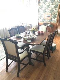 dining table with leaf, cane back dining chairs