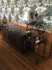 decorative bird cage, buffet server, glassware