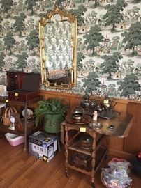 tea cart, silverplate items, decorative gilded mirror