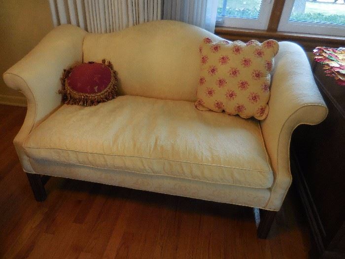 Vintage GORGEOUS Soft Yellow Silk Brocade Fabric Mahogany Frame ,Settee, Ralph Lauren Decorative Pillows