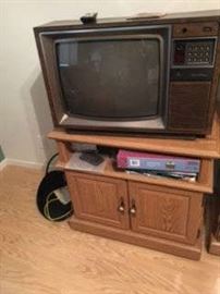 OAK TV STAND, OLDER TELEVISION