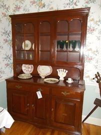 cherry hutch, Tetley tea glasses, gladiola vase, china