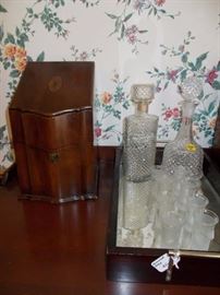silver box, decanter, tray