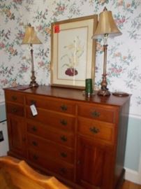cherry sideboard, artwork, lamps