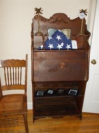 Larkin Desk, oak chairs, flag, black and white photos