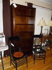 painted chairs, bookshelf