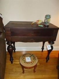 spinet desk, footstool, toys