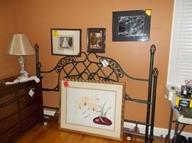 king bed frame, dresser, pictures