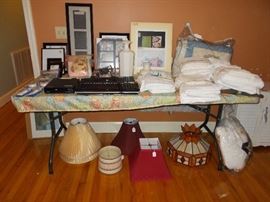 linens, lamp shades, stained glass lamp