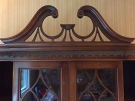 Detailed crown of Antique Duncan Phyfe Mahogany Hutch secretary. 80" X 46" X 15 deep.