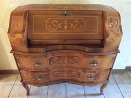 Unique antique inlaid wood secretary desk, dovetailed and made in Italy. 33"X15" deep.