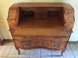 Unique antique inlaid wood secretary desk, dovetailed and made in Italy. 33"X15" deep. 20" deep when open.