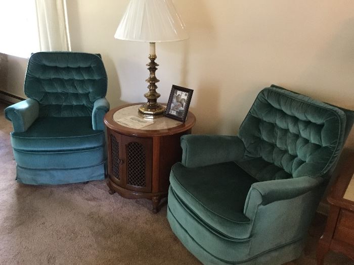 pair of matching -yes, matching (bad color in the pic) swivel chairs and small round table