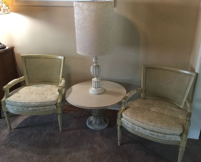 pair of Lewittes French Provincial chairs and low round table, similar style lamp