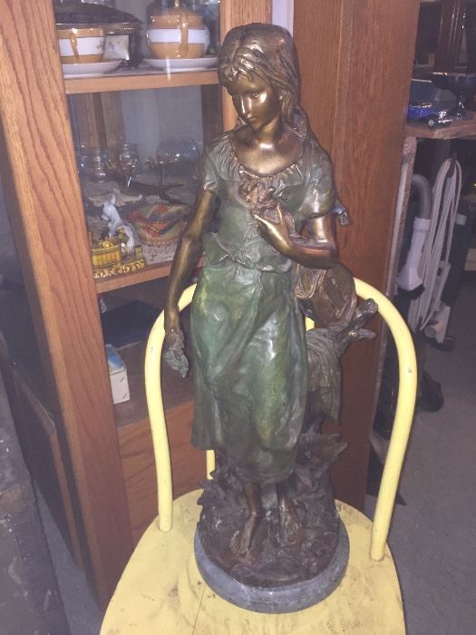 "Standing Mandolin Woman" Bronze Sculpture -After A Moreau... Mounted on fine marble base. Signed- Mint condition. Appx 29.5Hx11"W   (Lost Wax Cast Bronze Reprodution)